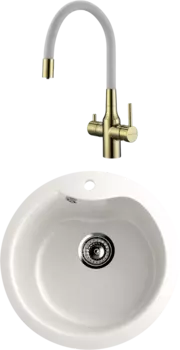 Комплект Мойка кухонная Ulgran U-102 -341 ультра-белая + Смеситель Paulmark Salix 213419-Gw золото, белый, с гибким изливом