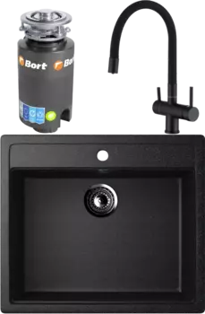 Комплект Мойка кухонная Ulgran U-104 -308 черная + Смеситель Domaci Равенна DCB 3015 черный, с гибким изливом + Измельчитель Bort Titan 4000 MSI-677909