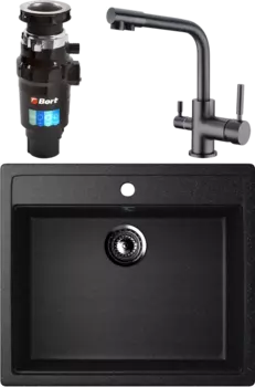 Комплект Мойка кухонная Ulgran U-104 -308 черная + Смеситель Domaci Равенна DCB 3003N черный + Измельчитель Bort Master Eco MSI-677873