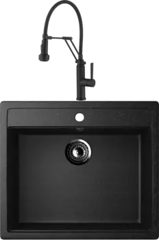 Комплект Мойка кухонная Ulgran U-104 -308 черная + Смеситель для кухни Domaci Равенна DCB 7012 черный, с гибким изливом