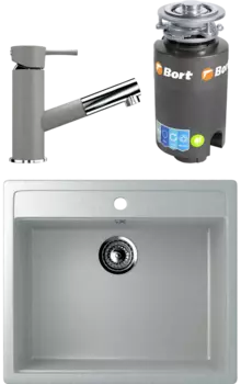 Комплект Мойка кухонная Ulgran U-104 -310 серая + Смеситель U-009 -310 серый + Измельчитель Bort Titan 4000