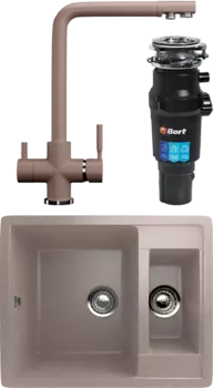 Комплект Мойка кухонная Ulgran U-106 -302 песочная + Смеситель U-016 -302 песочный + Измельчитель Bort Titan 7000