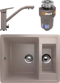 Комплект Мойка кухонная Ulgran U-106 -302 песочная + Смеситель U-010 -302 песочный + Измельчитель Bort Titan 5000 Control