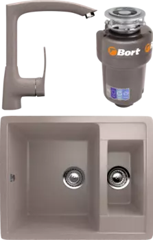 Комплект Мойка кухонная Ulgran U-106 -302 песочная + Смеситель U-005 -302 песочный + Измельчитель Bort Titan 5000