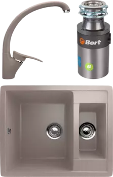 Комплект Мойка кухонная Ulgran U-106 -302 песочная + Смеситель U-001 -302 песочный + Измельчитель Bort Titan 4000 Plus