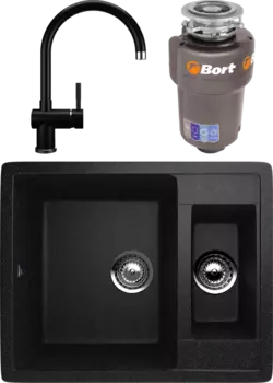 Комплект Мойка кухонная Ulgran U-106 -308 черная + Смеситель U-021 ультра-черный + Измельчитель Bort Titan Max Power FullControl