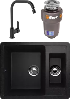 Комплект Мойка кухонная Ulgran U-106 -308 черная + Смеситель MEGA City MG- ZRV104-B черный + Измельчитель Bort Titan Max Power