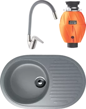 Комплект Мойка кухонная Ulgran U-107 -309 темно-серая + Смеситель РМС Sus126gy 016F хром, серый, с гибким изливом + Измельчитель Omoikiri Nagare 500