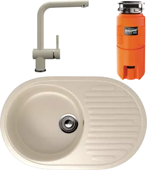 Комплект Мойка кухонная Ulgran U-107 -328 бежевая + Смеситель U-022 бежевый + Измельчитель Omoikiri Nagare slim 500