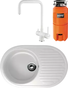 Комплект Мойка кухонная Ulgran U-107 -331 белая + Смеситель Paulmark Wetter We213030-431 белый матовый + Измельчитель Omoikiri Nagare slim 900