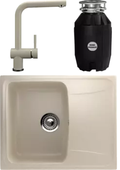 Комплект Мойка кухонная Ulgran U-201 -328 бежевая + Смеситель U-022 бежевый + Измельчитель Bone Crusher BC 810-AS