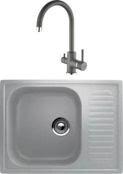 Комплект Мойка кухонная Ulgran U-202 -310 серая + Смеситель Paulmark Essen Es213211-402 серый металлик