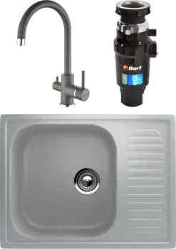 Комплект Мойка кухонная Ulgran U-202 -310 серая + Смеситель Paulmark Essen Es213211-402 серый металлик + Измельчитель Bort Master Eco