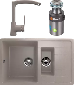 Комплект Мойка кухонная Ulgran U-205 -302 песочная + Смеситель U-005 -302 песочный + Измельчитель Bort Titan 4000 Control