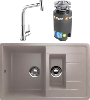 Комплект Мойка кухонная Ulgran U-205 -302 песочная + Смеситель MEGA Life MG-TK09 хром + Измельчитель Bort Titan 4000