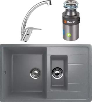 Комплект Мойка кухонная Ulgran U-205 -309 темно-серая + Смеситель MEGA Mega MG-BMK016 хром + Измельчитель Bort Titan 4000 Plus