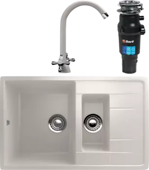 Комплект Мойка кухонная Ulgran U-205 -331 белая + Смеситель U-012 -331 белый + Измельчитель Bort Titan 7000