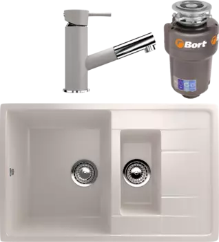 Комплект Мойка кухонная Ulgran U-205 -331 белая + Смеситель U-009 -331 белый + Измельчитель Bort Titan 5000 Control