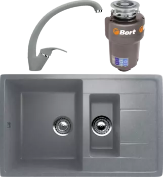Комплект Мойка кухонная Ulgran U-205 -342 графитовая + Смеситель U-007 -342 графитовый + Измельчитель Bort Titan Max Power