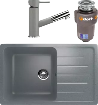 Комплект Мойка кухонная Ulgran U-400 -309 темно-серая + Смеситель U-009 -310 серый + Измельчитель Bort Titan Max Power FullControl