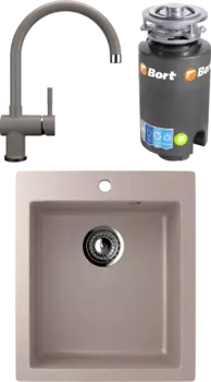 Комплект Мойка кухонная Ulgran U-404 -302 песочная + Смеситель U-021 песочный + Измельчитель Bort Titan 4000