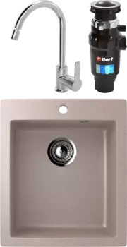 Комплект Мойка кухонная Ulgran U-404 -302 песочная + Смеситель MEGA City MG-ZRV102 хром + Измельчитель Bort Master Eco