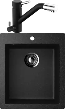 Комплект Мойка кухонная Ulgran U-404 -308 черная, встраиваемая, российская, матовая, квадратная + Смеситель для кухни Domaci Солерно DC-3008 морион