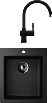 Комплект Мойка кухонная Ulgran U-404 -308 черная, встраиваемая, российская, матовая, квадратная + Смеситель U-021 черный
