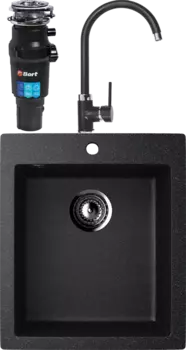 Комплект Мойка кухонная Ulgran U-404 -308 черная, встраиваемая, российская, матовая, квадратная + Смеситель Domaci Солерно DC-3004 морион + Измельчитель Bort Titan 7000