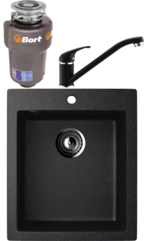 Комплект Мойка кухонная Ulgran U-404 -308 черная, встраиваемая, российская, матовая, квадратная + Смеситель Domaci Солерно DC-3009 морион + Измельчитель Bort Titan Max Power FullControl
