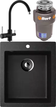 Комплект Мойка кухонная Ulgran U-404 -308 черная, встраиваемая, российская, матовая, квадратная + Смеситель Domaci Солерно DC-3007 морион + Измельчитель Bort Titan Max Power