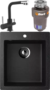 Комплект Мойка кухонная Ulgran U-404 -308 черная, встраиваемая, российская, матовая, квадратная + Смеситель Domaci Солерно DC-3003 морион + Измельчитель Bort Titan 5000 Control