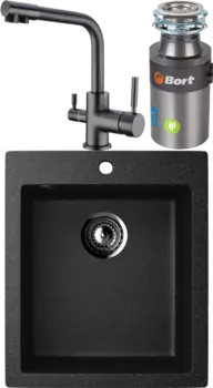 Комплект Мойка кухонная Ulgran U-404 -308 черная, встраиваемая, российская, матовая, квадратная + Смеситель Domaci Равенна DCB 3003N черный + Измельчитель Bort Titan 4000 Plus