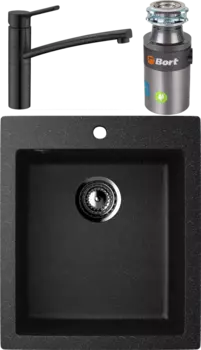 Комплект Мойка кухонная Ulgran U-404 -308 черная, встраиваемая, российская, матовая, квадратная + Смеситель Domaci Равенна DC 3011 черный + Измельчитель Bort Titan 4000 Control