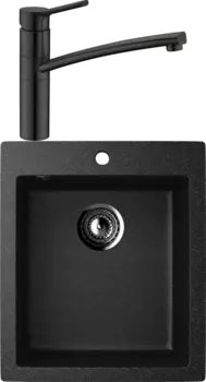 Комплект Мойка кухонная Ulgran U-404 -308 черная, встраиваемая, российская, матовая, квадратная + Смеситель для кухни Domaci Равенна DC 3011 черный