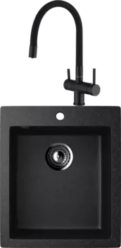 Комплект Мойка кухонная Ulgran U-404 -308 черная, встраиваемая, российская, матовая, квадратная + Смеситель для кухни Domaci Равенна DCB 3015 черный, с гибким изливом