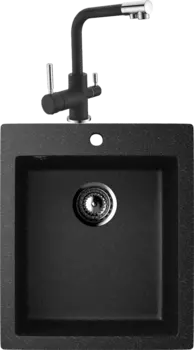 Комплект Мойка кухонная Ulgran U-404 -308 черная, встраиваемая, российская, матовая, квадратная + Смеситель для кухни Domaci Солерно DC-3003 морион