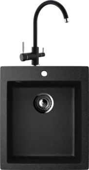 Комплект Мойка кухонная Ulgran U-404 -308 черная, встраиваемая, российская, матовая, квадратная + Смеситель для кухни Domaci Солерно DC-3007 морион