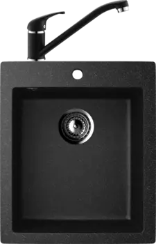 Комплект Мойка кухонная Ulgran U-404 -308 черная, встраиваемая, российская, матовая, квадратная + Смеситель для кухни Domaci Солерно DC-3009 морион