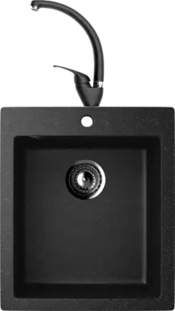 Комплект Мойка кухонная Ulgran U-404 -308 черная, встраиваемая, российская, матовая, квадратная + Смеситель для кухни Domaci Солерно DC-3013 морион