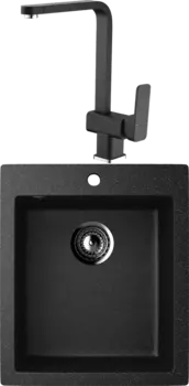 Комплект Мойка кухонная Ulgran U-404 -308 черная, встраиваемая, российская, матовая, квадратная + Смеситель для кухни Domaci Солерно DC-3014 морион