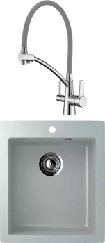 Комплект Мойка кухонная Ulgran U-404 -310 серая + Смеситель Lemark Comfort LM3071C-Gray с гибким изливом, хром, серый