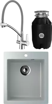 Комплект Мойка кухонная Ulgran U-404 -310 серая + Смеситель Lemark Comfort LM3071C-Gray с гибким изливом, хром, серый + Измельчитель Bone Crusher BC 810-AS