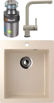 Комплект Мойка кухонная Ulgran U-404 -328 бежевая + Смеситель U-022 бежевый + Измельчитель Bort Titan 4000 Plus