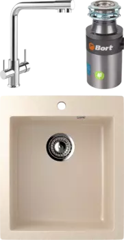 Комплект Мойка кухонная Ulgran U-404 -328 бежевая + Смеситель MEGA Life MG-TK05 хром + Измельчитель Bort Titan 4000 Control