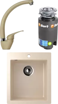 Комплект Мойка кухонная Ulgran U-404 -328 бежевая + Смеситель Domaci Солерно DC-3013 сардоникс + Измельчитель Bort Titan 4000