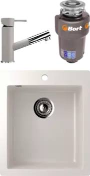 Комплект Мойка кухонная Ulgran U-404 -331 белая + Смеситель U-009 -331 белый + Измельчитель Bort Titan Max Power