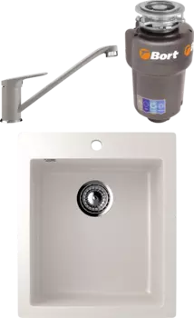 Комплект Мойка кухонная Ulgran U-404 -331 белая + Смеситель U-004 -331 белый + Измельчитель Bort Titan 5000 Control