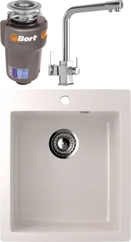 Комплект Мойка кухонная Ulgran U-404 -331 белая + Смеситель MEGA Life MG-TK06 хром + Измельчитель Bort Titan 5000