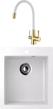 Комплект Мойка кухонная Ulgran U-404 -341 ультра-белая + Смеситель Lemark Comfort LM3075G-White с гибким изливом, золото, белый